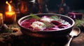 Bowl of red beet root soup borsch. Generative AI