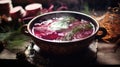 Bowl of red beet root soup borsch. Generative AI