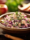 Bowl of red cabbage and apple salad on a wooden table