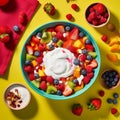 A bowl of colorful fruit salad with a dollop of Greek yogurt