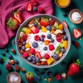 A bowl of colorful fruit salad with a dollop of Greek yogurt