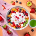 A bowl of colorful fruit salad with a dollop of Greek yogurt