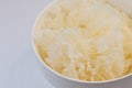 Bowl of rehydrated snow or white fungus, Tremella fuciformis, ready for consumption, on white