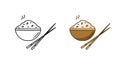 Bowl with rice and chopsticks, doodle icon. Linear and color version. Black simple illustration of asian cuisine. Contour isolated