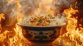 Steaming Spicy Rice in a Decorative Bowl Against Fiery Background Royalty Free Stock Photo