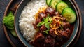 A bowl of rice with meat and cucumbers Royalty Free Stock Photo