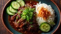 A bowl of rice and meat with cucumbers on top Royalty Free Stock Photo