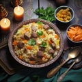 A bowl of rice with meat and vegetables. Uzbec plov, pilaf dish.