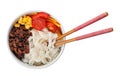 Bowl with rice noodles, meat and vegetables on white background Royalty Free Stock Photo