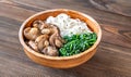 Bowl with rice noodles, mushrooms and spinach Royalty Free Stock Photo