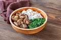 Bowl with rice noodles, mushrooms and spinach Royalty Free Stock Photo