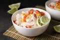 Bowl with rice noodles, shrimps and vegetables Royalty Free Stock Photo