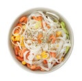 Bowl with rice noodles, shrimps and vegetables on white, top view Royalty Free Stock Photo