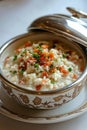 A bowl of rice pudding with carrots and peas on a plate Royalty Free Stock Photo