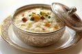 A bowl of rice pudding on a plate with a lid Royalty Free Stock Photo