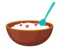 Bowl of rice with red garnish and a blue spoon. Simple cartoon style rice dish with decorations. Healthy eating and meal