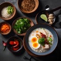 a bowl of rice soup with chicken and vegetables, with two bowls with eggs and