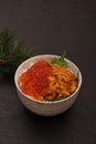 A bowl of rice topped with sea urchin and salmon roe, seafood representative of Hokkaido, Japan. Uni Ikura Donburi Royalty Free Stock Photo