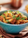 Bowl of rigatoni pasta with italian sausage