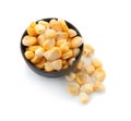 Bowl with ripe corn kernels on white background Royalty Free Stock Photo