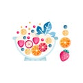 Bowl with ripe fruits and berries. Delicious and healthy salad from organic ingredients. Abstract flat vector icon with