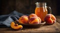 Fresh Peach Still Life with Juice on a Wooden Table Surface Royalty Free Stock Photo