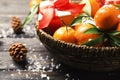 Bowl with ripe tangerines, Christmas gift and artificial snow