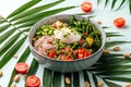 Roast beef pokeh with poached egg and vegetables Royalty Free Stock Photo