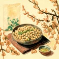 bowl of roasted soybeans, a treat for the Japanese festival of Setsubun, AI-generated digital illustration Royalty Free Stock Photo