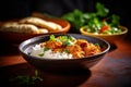 A bowl of Rogan Josh, an Indian lamb curry and white rice Indian food generative Ai
