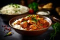 A bowl of Rogan Josh Indian lamb curry and white rice Generative AI