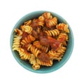 Bowl of rotini in a sausage and pasta sauce on a white background