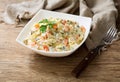 Bowl of russian salad olivier with meat and vegetables Royalty Free Stock Photo