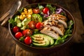 Bowl of salad with chicken, avocado and tomatoes. Generative AI