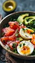 A bowl of a salad with eggs, avocado and tomatoes, AI Royalty Free Stock Photo