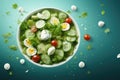 A bowl of salad with eggs, cucumbers and tomatoes, AI