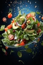 Bowl of salad falling against a dark blue solid background, highlighting the vibrant colors of the ingredients. Salad is a mix of