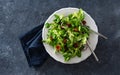 Bowl salad green mache leaves baked tomatoes top view Royalty Free Stock Photo