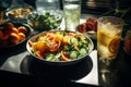 a bowl of salad with oranges cucumbers and other vegetables on a table