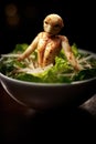 a bowl of salad with a small figure on top of it