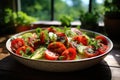 a bowl of salad with tomatoes cucumbers and herbs