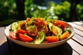 a bowl of salad with tomatoes cucumbers and parsley