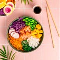 Bowl with salmon, rice and fresh vegetables poke. Square