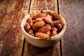 Bowl with salted almond on table