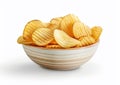 Bowl with salted crunchy potato crisps chips on white backgroud.Macro.AI Generative