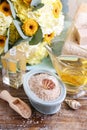 Bowl of sea salt and jug of liquid soap Royalty Free Stock Photo