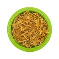 Bowl of shredded calendula flower petals.