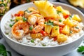 A bowl of shrimp and pineapple stir fry with rice on a table Royalty Free Stock Photo