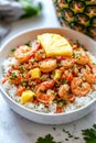 A bowl of shrimp and rice with pineapple on top of it Royalty Free Stock Photo