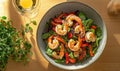 A bowl of shrimp and vegetables with a glass of wine on the table Royalty Free Stock Photo